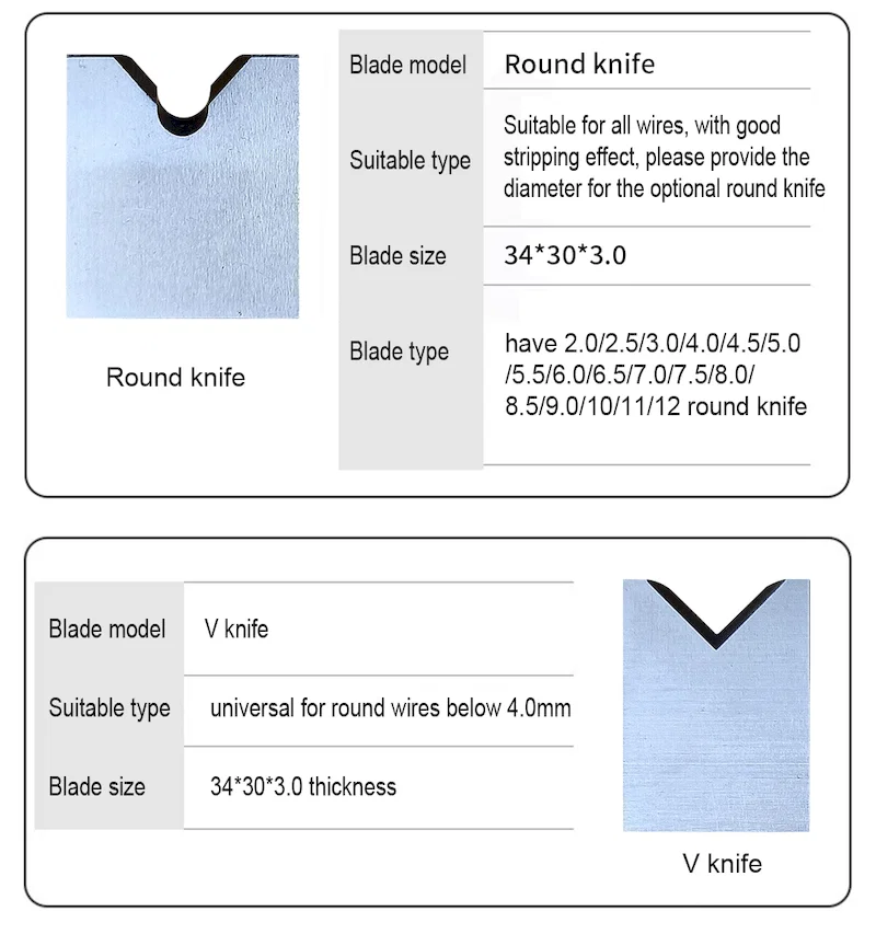 Pneumatisk trådavtagningskniv, 305 horisontell flåningsmaskin olika verktyg, 315 platta knivar, V-kniv rund kniv, U-kniv, 310 tillbehör
